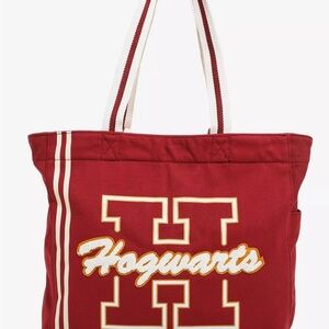Hogwarts Red Canvas Tote Bag with Stripe Handles